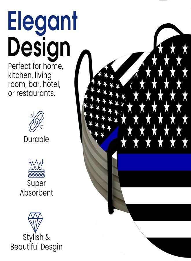 DAJDC Thin Blue Line Police Officers Round Coasters Set of 6 - Abosrbent Ceramic with Metal Stand for Drinks, Coffee, Non-Slip Cork Back for Tabletop Protection, 4 Inches - Image 3